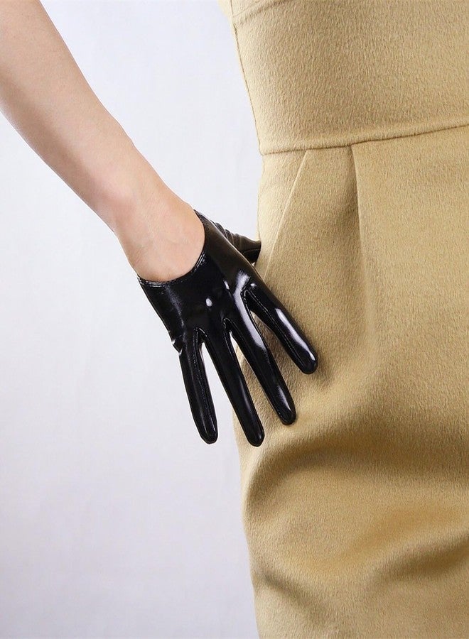DooWay Extra Short Black Leather Gloves Women Half Palm 5" Unlined Faux Patent PU Dressy Costume Gloves - Image 2